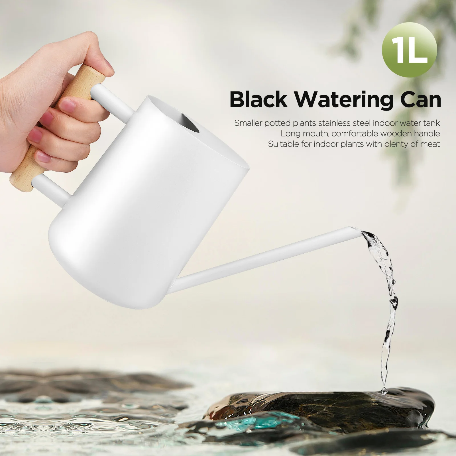 

1L White Watering Can, Smaller Potted Plants Stainless Steel Indoor Watering Can with Long Spout and Comfortable Wooden Handle