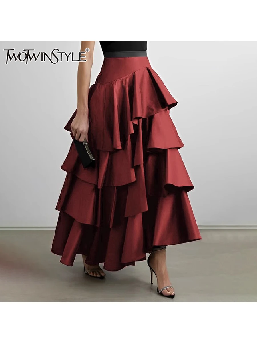 TWOTWINSTYLE Solid Patchwork Folds Skirt For Women High Waist Loose Elegant Temperament Skirts Female Fashion Style Clothing New