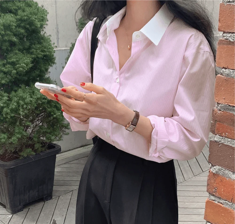 Women's Casual Blue Striped Shirt Contrast Collar Long Sleeve Scallop Hem Loose Top Blue White Striped Loose Shirt