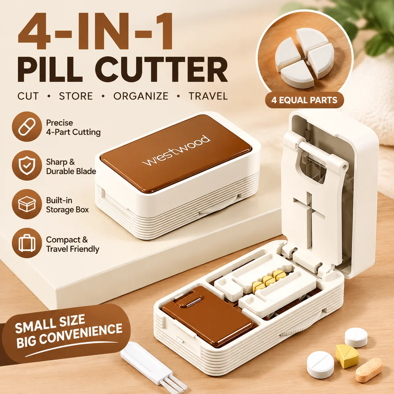 Pill Cutter Cross Cut 4 Way Tablet Splitter Multi Size Anti Slip BPA Free Precise Divider For Elderly Travel Home