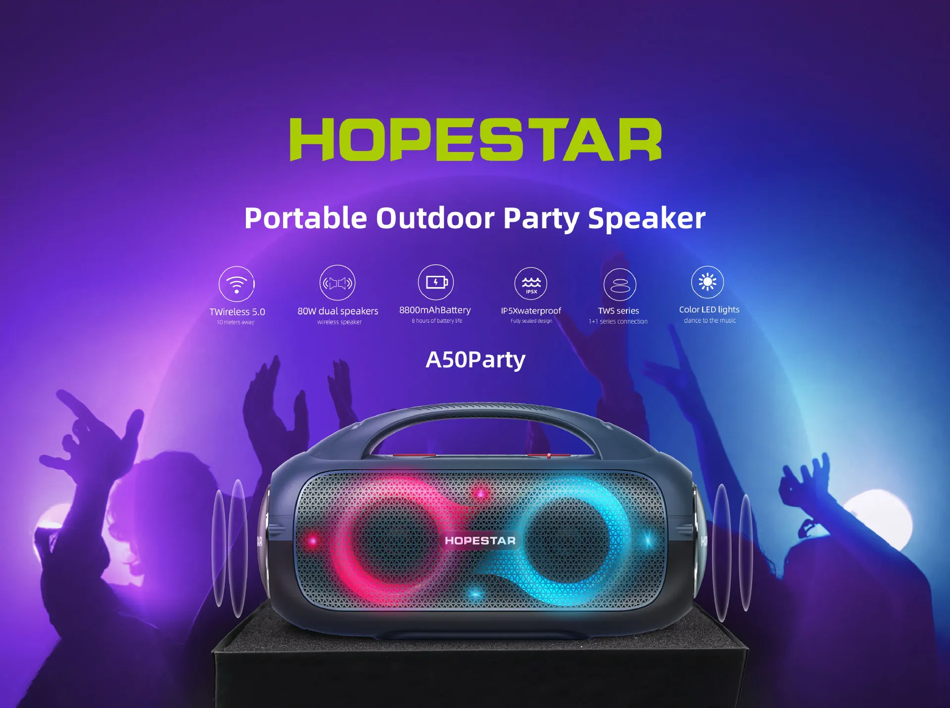 Hopestar-A50 High-Power 80W for 5.0 5.0 Speaker RGB LED Lighting IPX-6 Waterproof Battery Powered Home Theatre