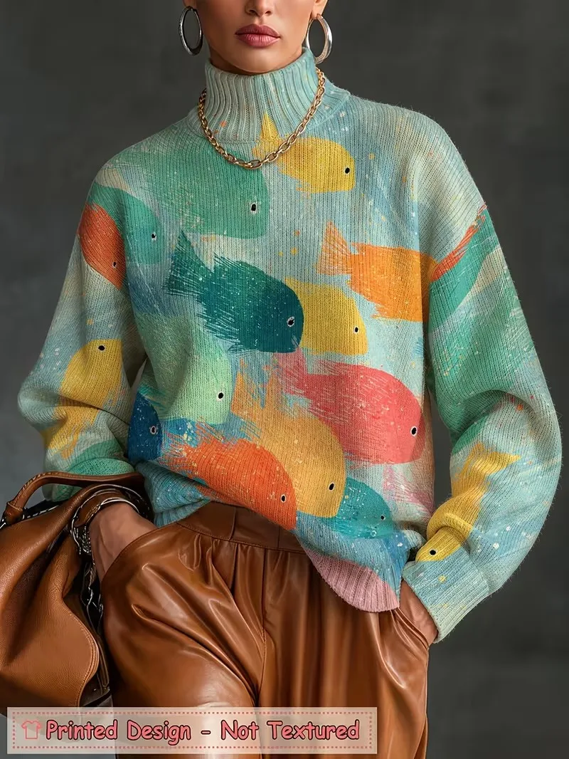 Women Turtleneck Sweatshirt Abstract Swirl Wave Print Long Sleeve Pullover Casual Loose Ladies Autumn Winter Tops T shirts