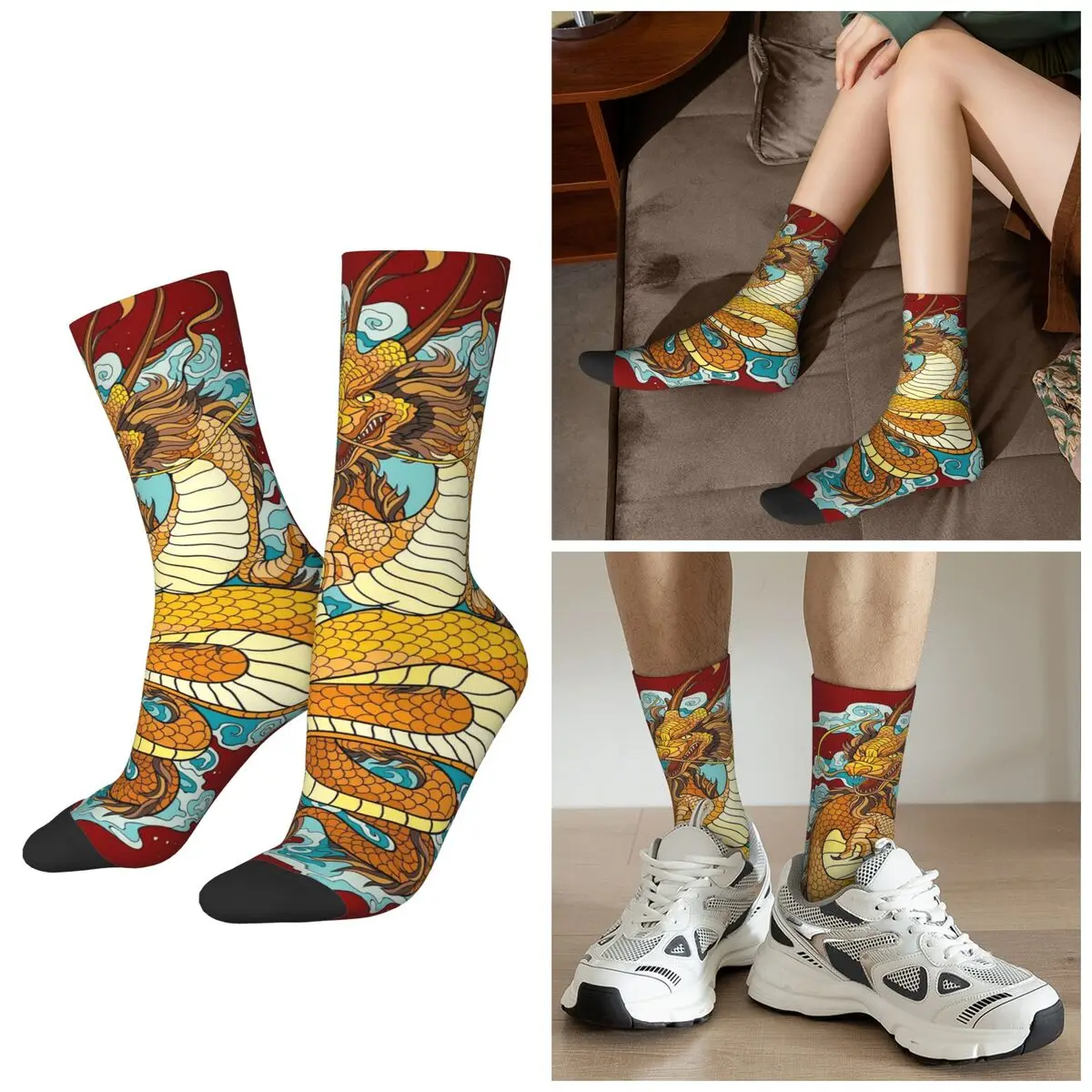 

All Seasons Retro Art Japanese Dragon Socks Harajuku Sport Middle Tube Socks High Quality Stockings for Men Women Gifts