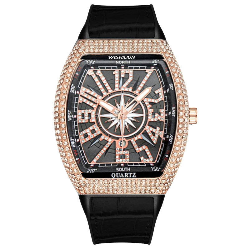 

YASHIDUN мужские часы роскошные кварцевые часы с бриллиантами 30 м водонепроницаемый кожаный ремешок цифровой календарь спортивные часы для мужчин наручные часы