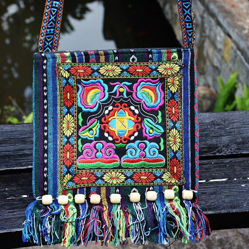 Hmong Vintage Ethnic Shoulder Bag Embroidery Boho Hippie Tassel Tote Messenger