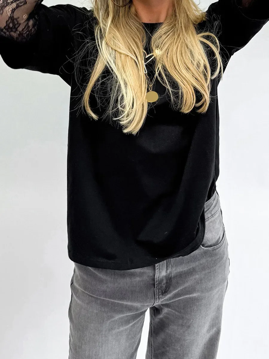 Femmes col rond T-Shirt dentelle à manches longues chemises décontractées printemps automne coupe ample hauts dames couleur unie T-Shirt pour Streetwear