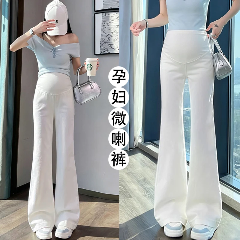 2026 New Korean Style Versatile White Micro-Flare Maternity Jeans High-Waist Slimming Lightweight Denim Pants for Pregnant Women
