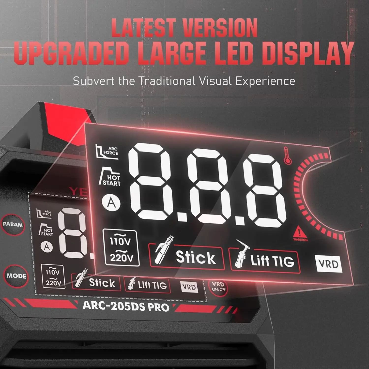 Máquina de solda portátil dupla tensão, soldador vara com elevador tocha TIG, grande display LED, 110V, 220V, 205Amp