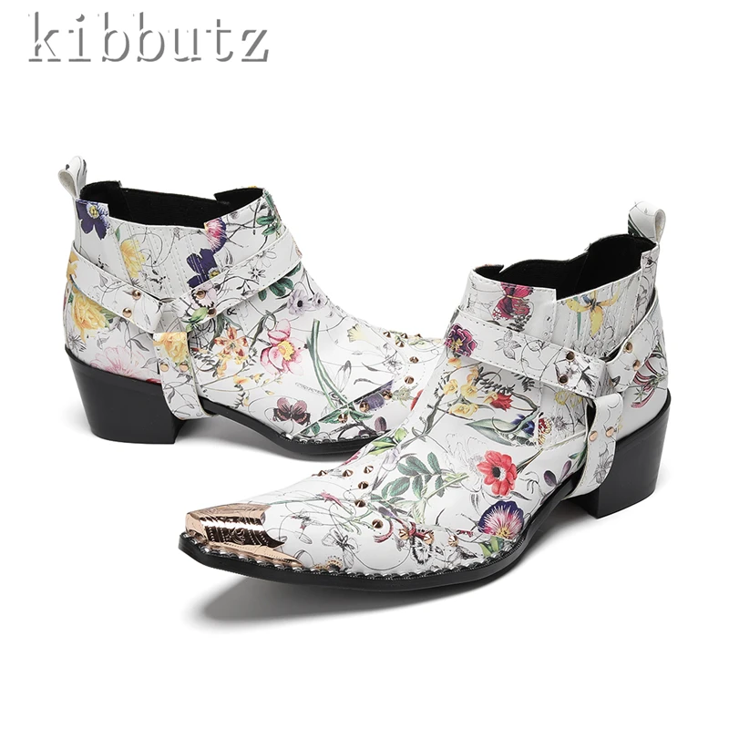 

New Design Metal Toe Men Chelsea Boots Genuine Leather Prints Middle Heels Ankle Boots Male Fashion Party Dress Shoes