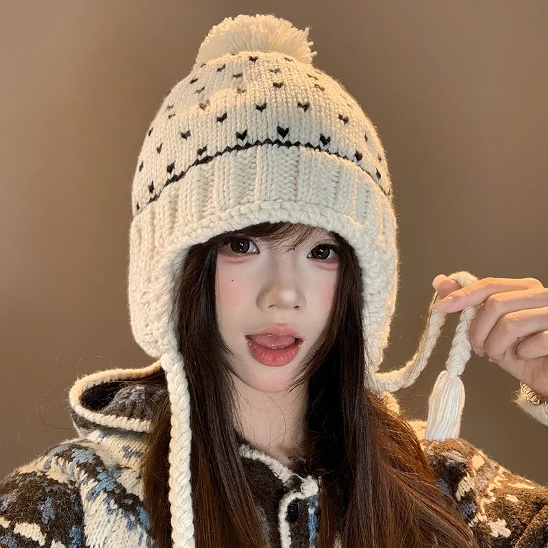 Ethnic-Style Knit Hat Warm  Winter Beanie with Integrated Scarf and Ear Flaps - Face-Slimming Design, SoftCozy