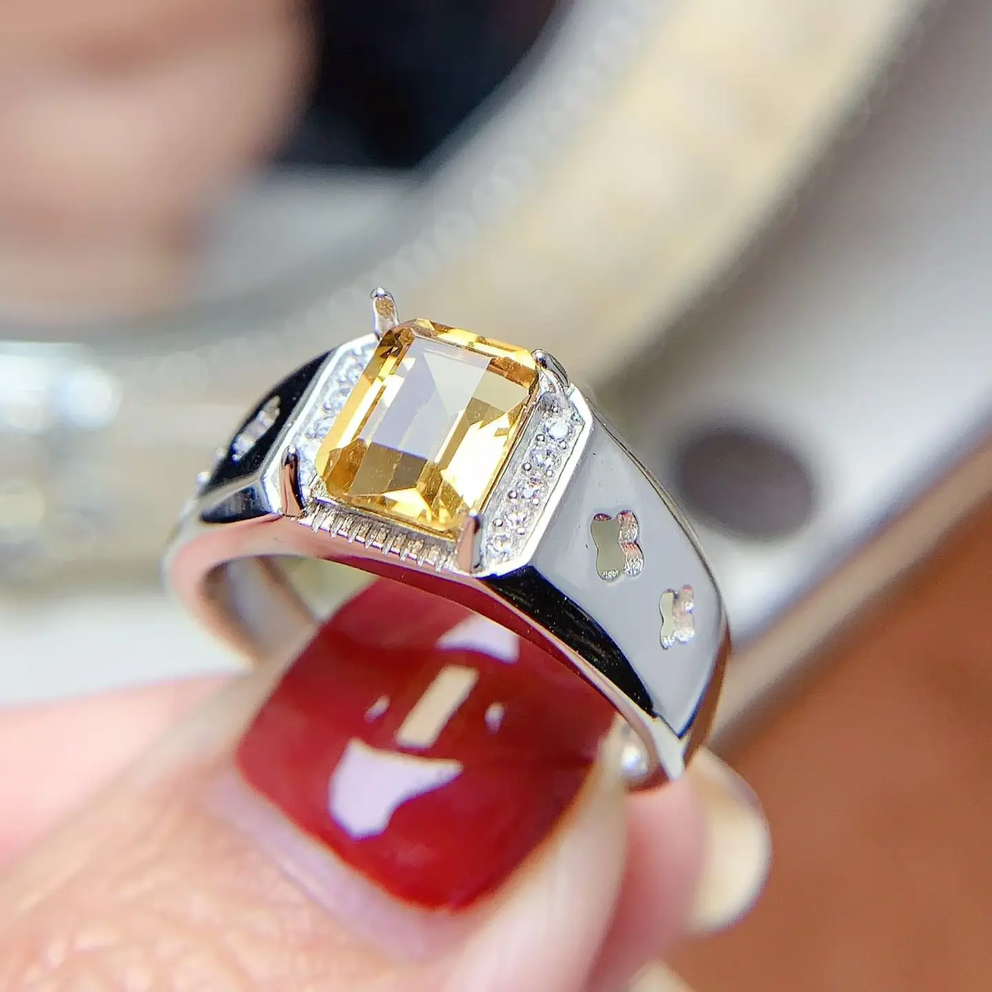 

Heavy 925 Sterling Silver Band Ring for Men Natural Citrine Ring with Certificate 7mm*9mm 2.5ct Citrine Silver Men Jewelry