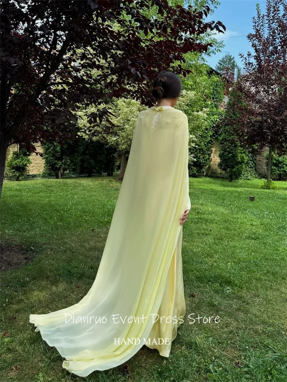 Dianruo 버터 옐로우 케이프 슬리브 이브닝 드레스 drapd 라운드 넥 파티 가운 우아한 쉬폰 vestidos formales 맞춤형