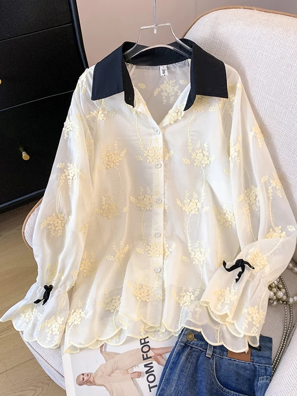 

Повседневная женская свободная блузка с кружевным крючком и цветочной куклой, весенне-осенняя тонкая длинная универсальная блузка с отложным воротником свека