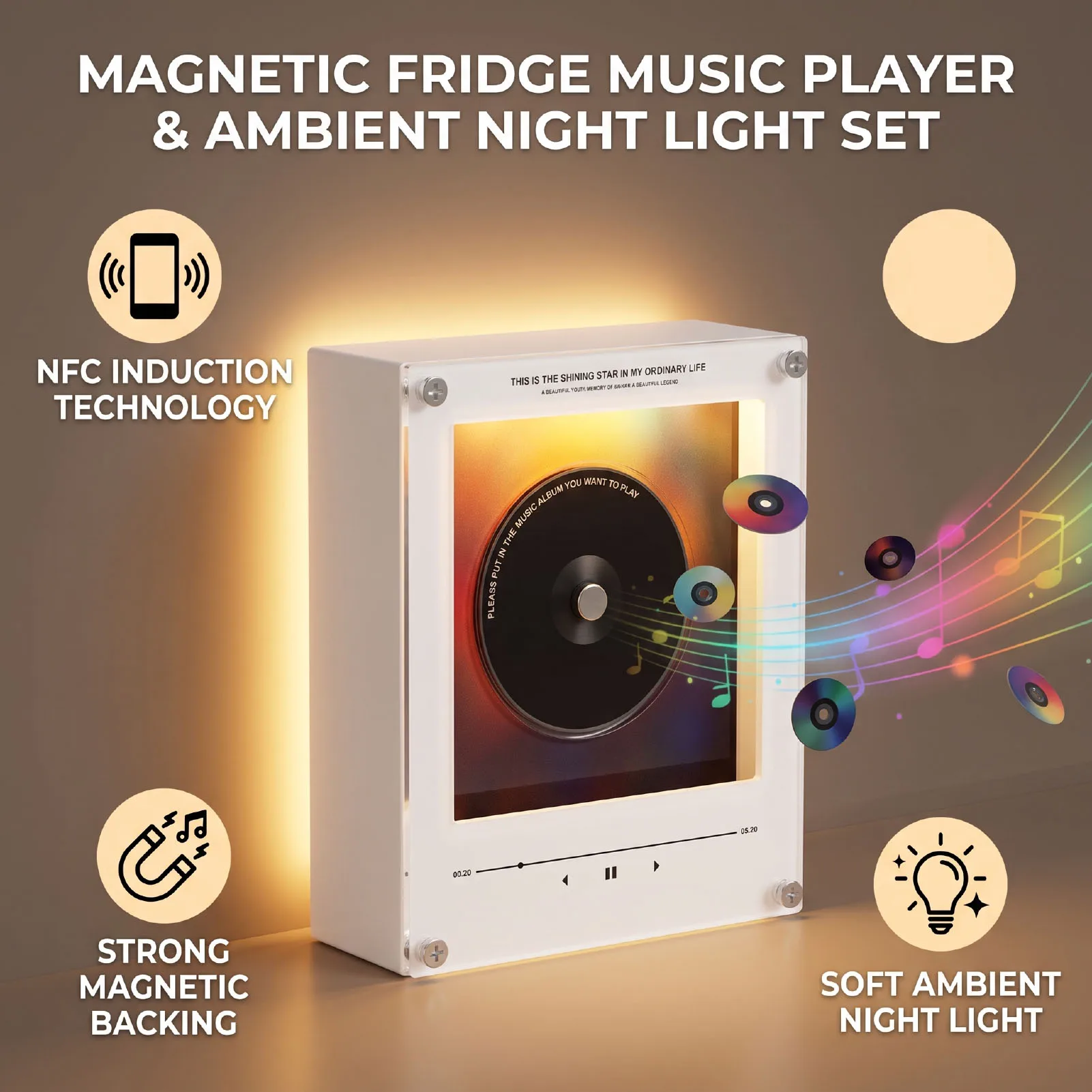 Music Refrigerator Magnets with NFC Records Player Set 256G Music Player with Light for Fridge Desktop Unique Musical Gift