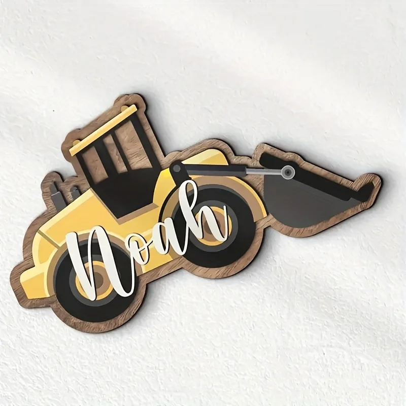 شعار خشبي مخصص/اسم - ديكور جدار غرفة الطفل تحت عنوان جرافة مع لوحة اسم مخصصة (سهلة التركيب)