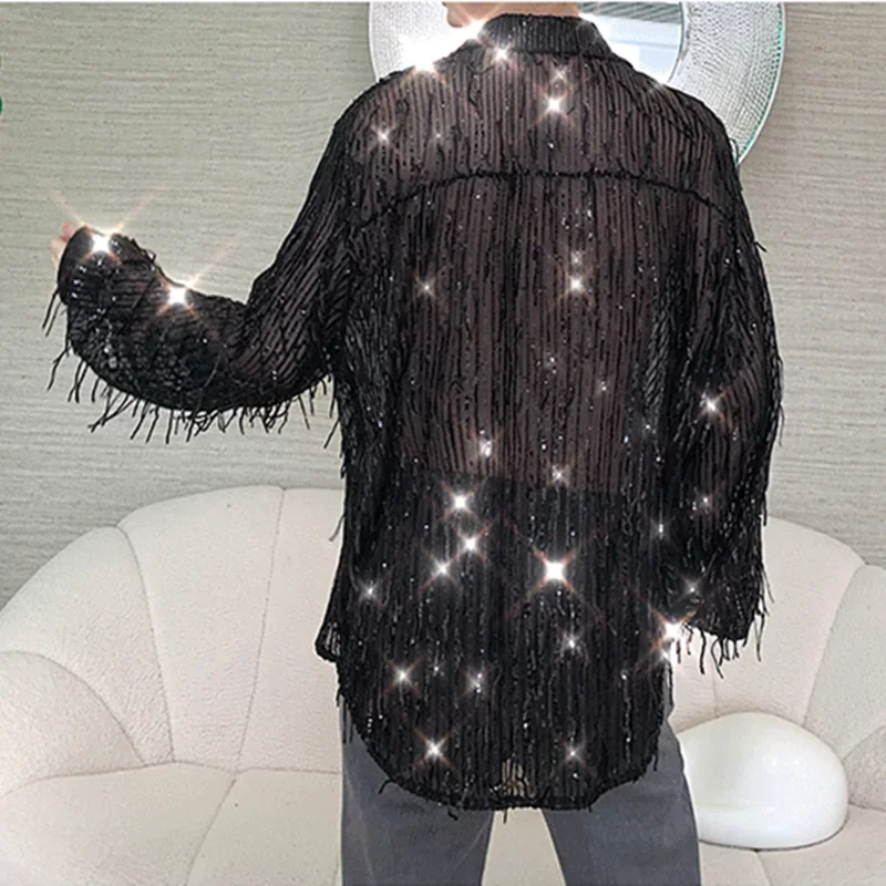 Gold Black Sequins Perspective Tassel Loose Long Sleeve Shirt Men's Singer Dancer Performance See Through Fringe Shirts