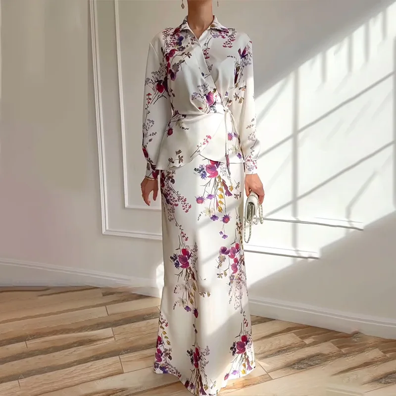 Fashion Flower Print Two Piece Sets Solid Color Long-sleeved Lace-up Top Long Skirt Sets 2026 Spring New Elegant Office Outfits