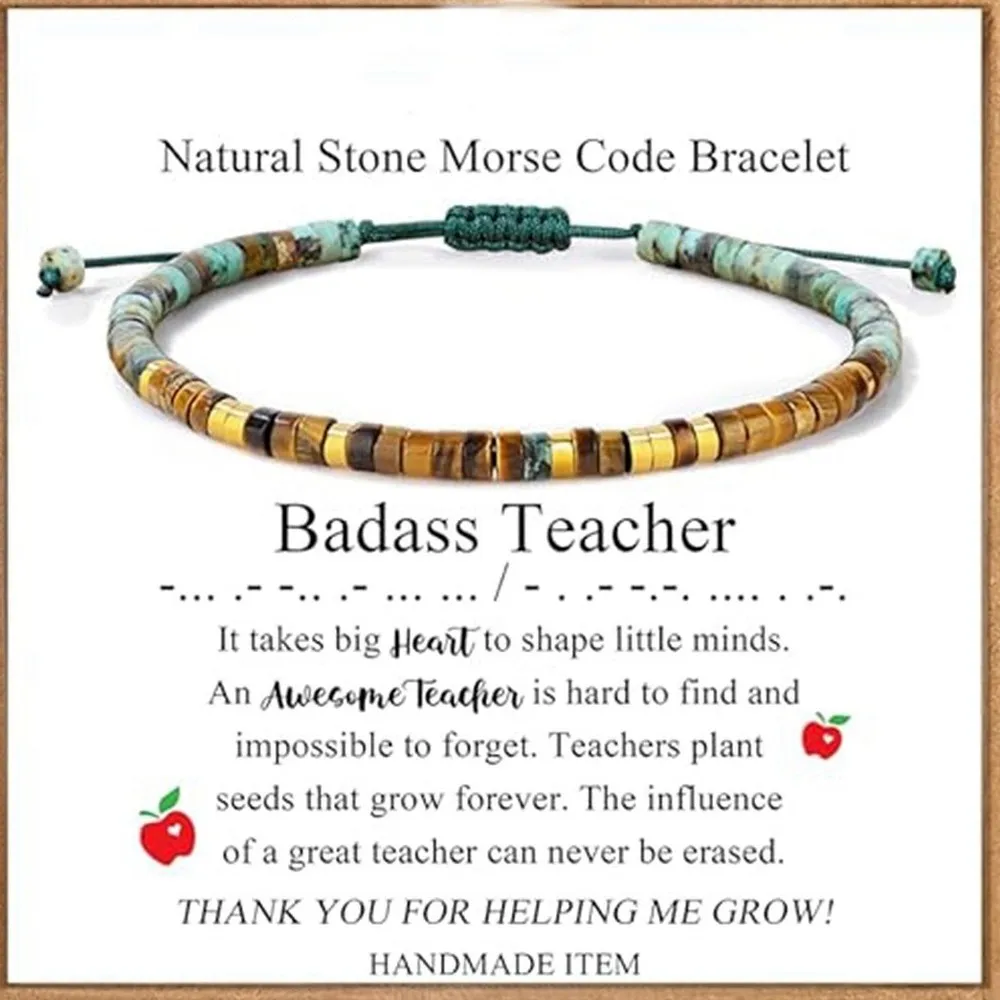 Natural Beaded Wrapped Bracelet Morse Code Inspired Adjustable with Card Friend Gift Jewelry for Women