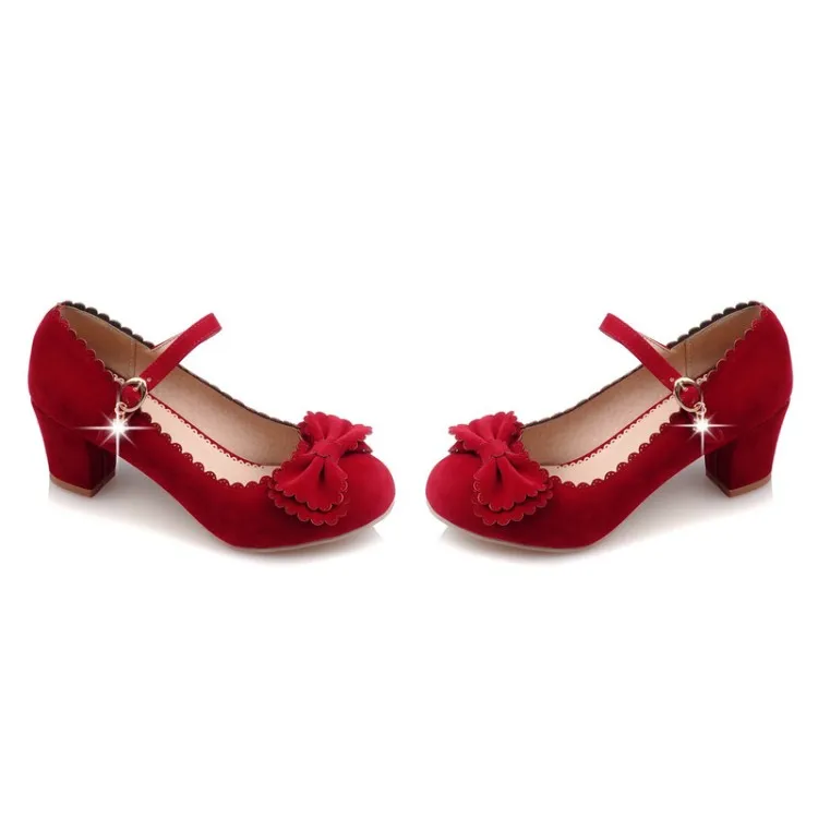 Big Size  ladies high heels women shoes woman pumps One-word lapped bow with thick heel and round head and shallow mouth