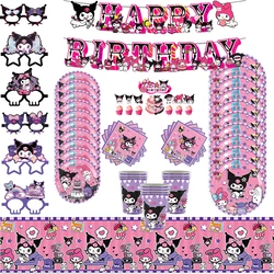 New Sanrio Kuromi Birthday Party Decoration Supplies Kit Kuromi Backdrop Glasses Paper Plates Cups Napkins Balloon Set