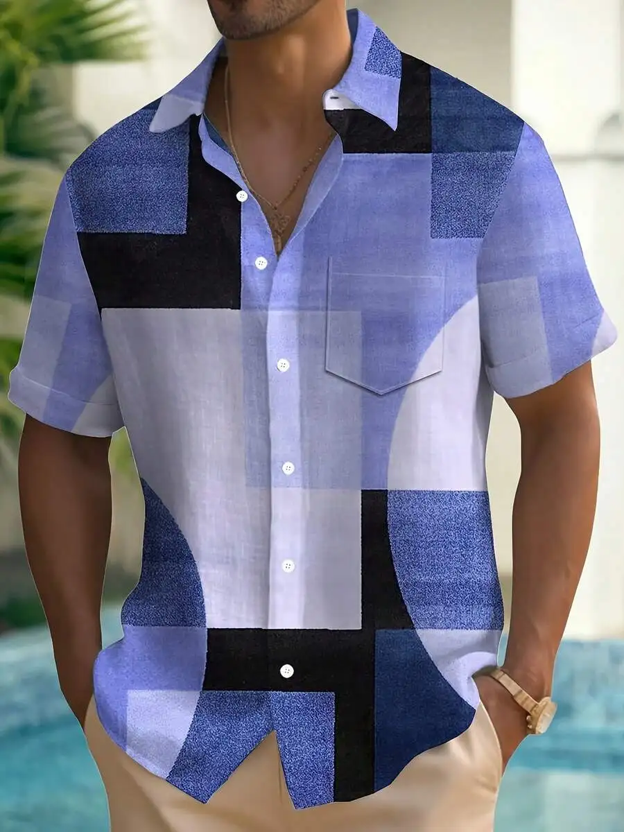 

Mens Blue Purple Color Block Graphic Print Short Sleeve Casual Beach Shirt Quick Dry Summer