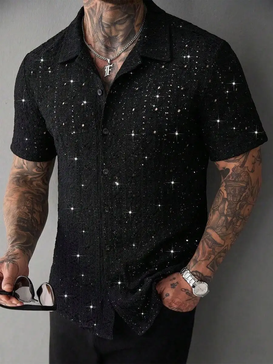 

Mens Casual Short Sleeve Button Front Shirt With Starry Texture Black