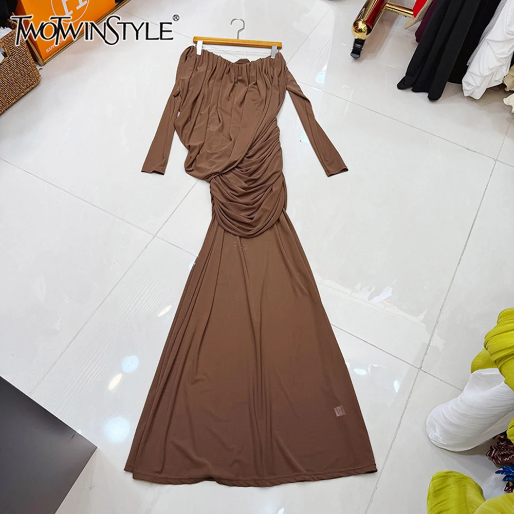 

TWOTWINSTYLE: Элегантное облегающее платье для женщин с вырезом на шее, открытыми плечами, рукавами и завышенной талией, сексуальное, KDR553547