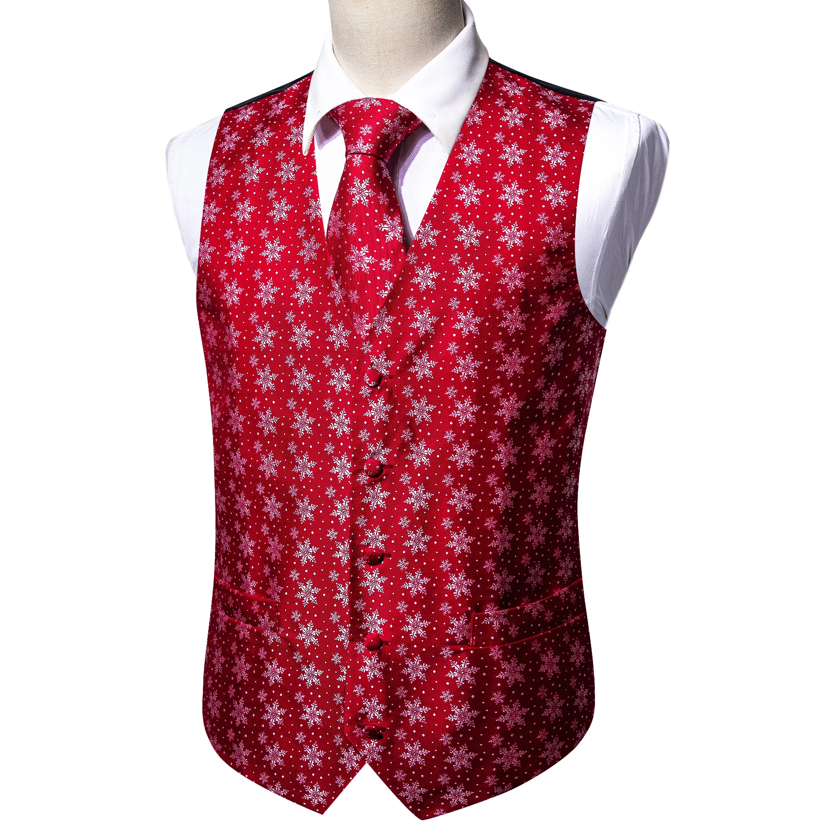 Luxury Silk Christmas Men Vest Red Snowflake Xmas Waistcoat Tie Pocket Square Set Sleeveless Jacket Formal Party Suit Barry Wang