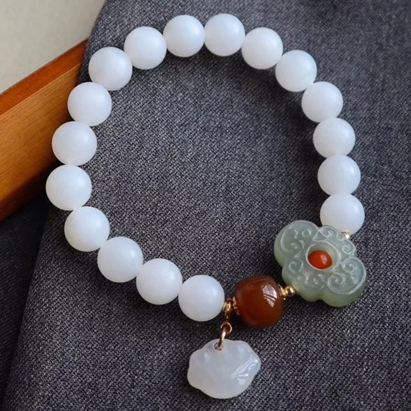 Natural Hetian Sheep Fat 9.5Mm Single-Loop Bracelet, Fine Texture, High Density, White Jade Beads