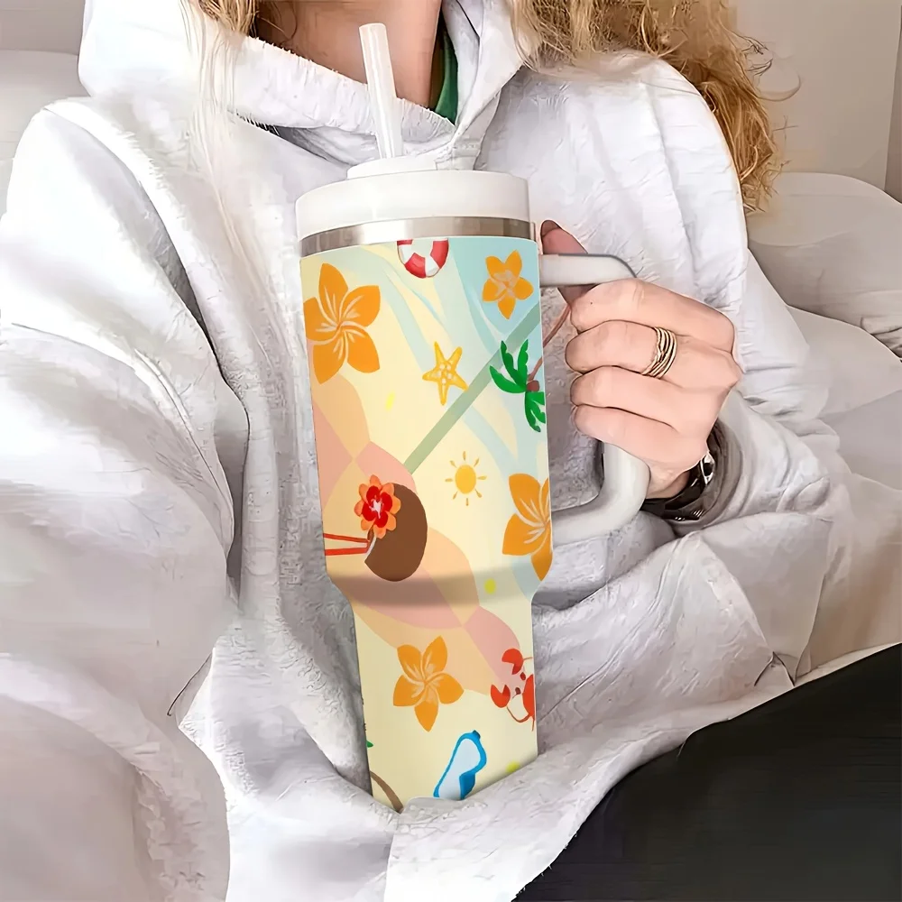 1pc Carnival And Independence Day 40Oz Tumbler with Handle And Straw, Summer Beach Tropical Floral Surf Casual Holiday Element Printed Drinking Cup, Suitable for Home Office Outdoor Camping Travel, Ideal for Daily Use Holiday Picnic Party Gatherings