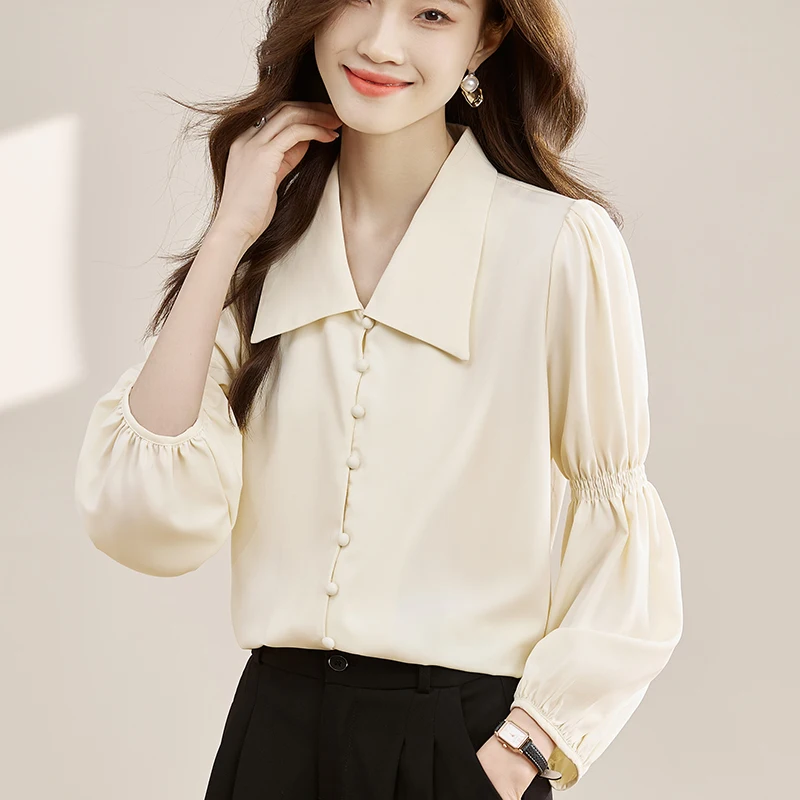 

Autumn New Long Puff Sleeved Women Blouses Fashion French Retro Solid Color Office Lady Shirt Loose Chiffon Tops