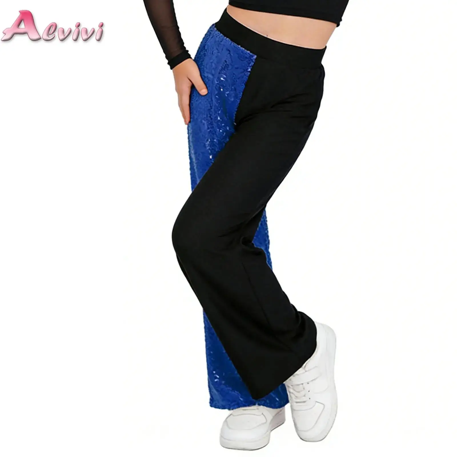 Kids Girls Sparkling Sequins Pants Color Block Trousers for Hip Hop Jazz Dance Cheerleading Stage Performance Competition Bottom