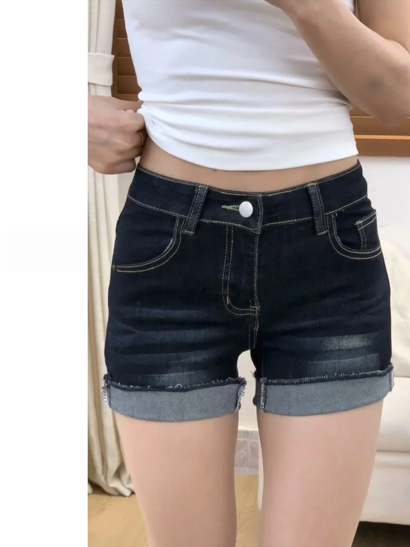 

Deep Blue Slim Fit High Waist A-Line Denim Shorts Women's Summer Thin Style Sexy Elastic Casual Straight Leg Cotton Blend