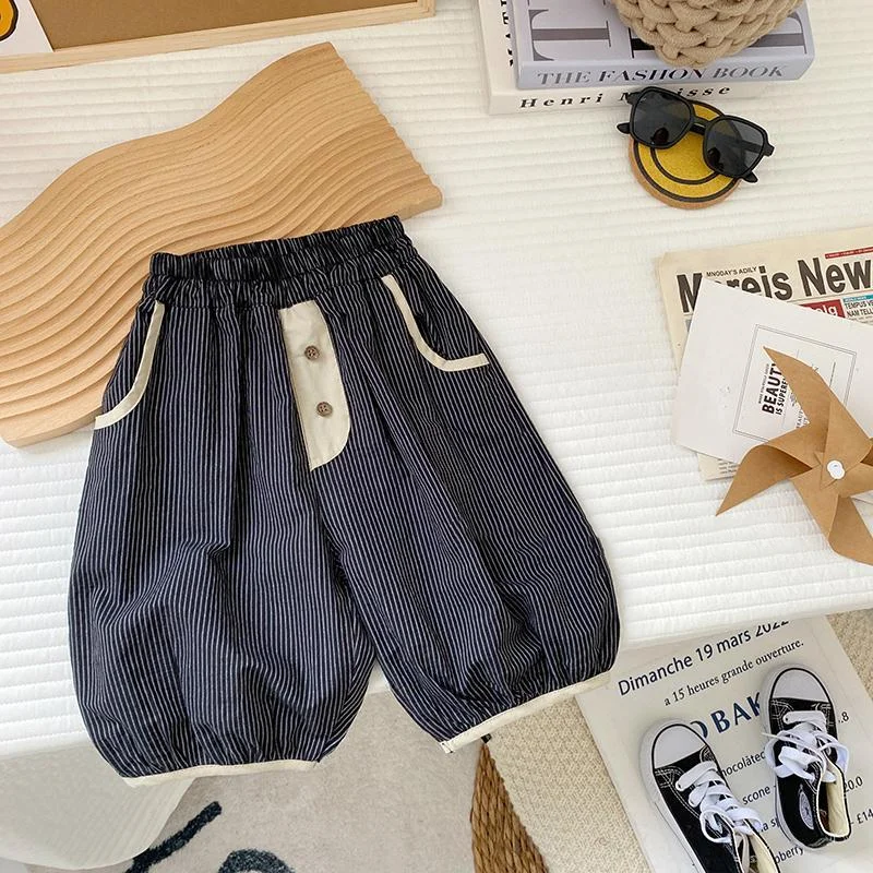 

Boys Clothing Summer Thin Striped Printed Elastic Waist Spliced Pocket Button Loose Korean Version Casual Kids Trend Shorts