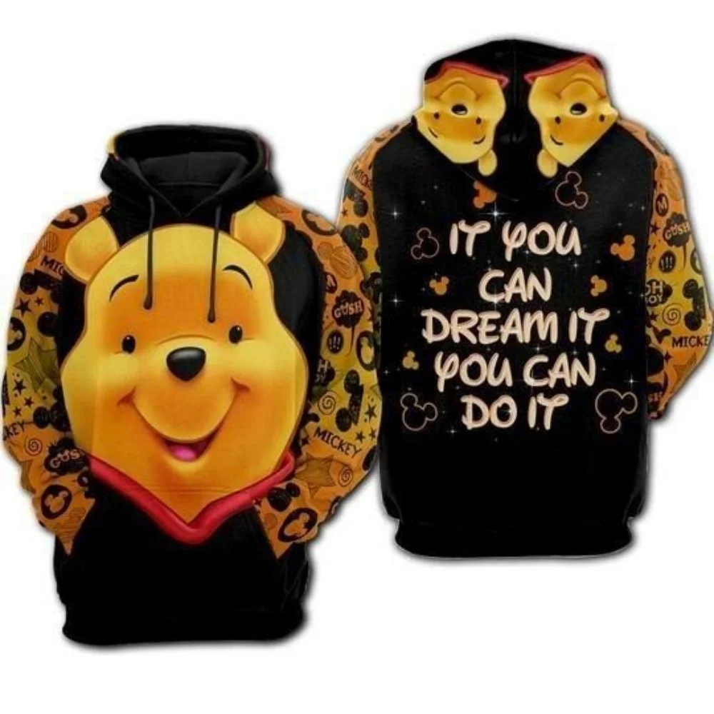 Tenues graphiques de dessin animé Disney pour hommes et femmes, Winnie l'Ourson, sweat à capuche jaune avec fermeture éclair, impression 3D intégrale, vêtements pour enfants