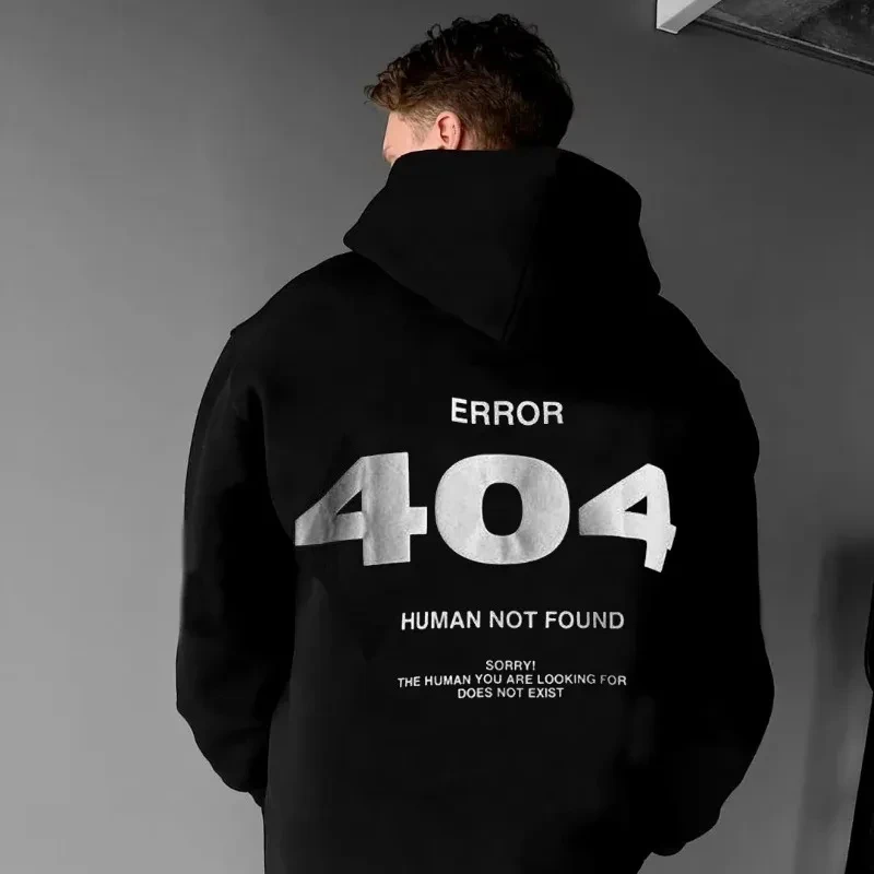 Unisex Hooded Sweatshirt, Funny Error 404 Letter Print Pullover, Loose Fit Casual Street Autumn Winter Long Sleeve Hoodie Tops