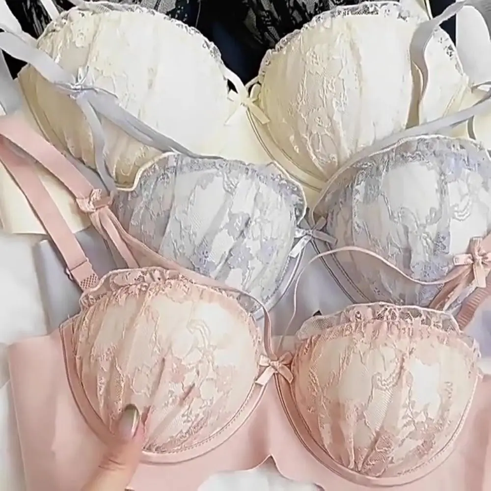 Lace Wireless Bra Gathered Bowknot 3/4 Cups Bralette Comfort Push Up V-Neck Lingerie image 6