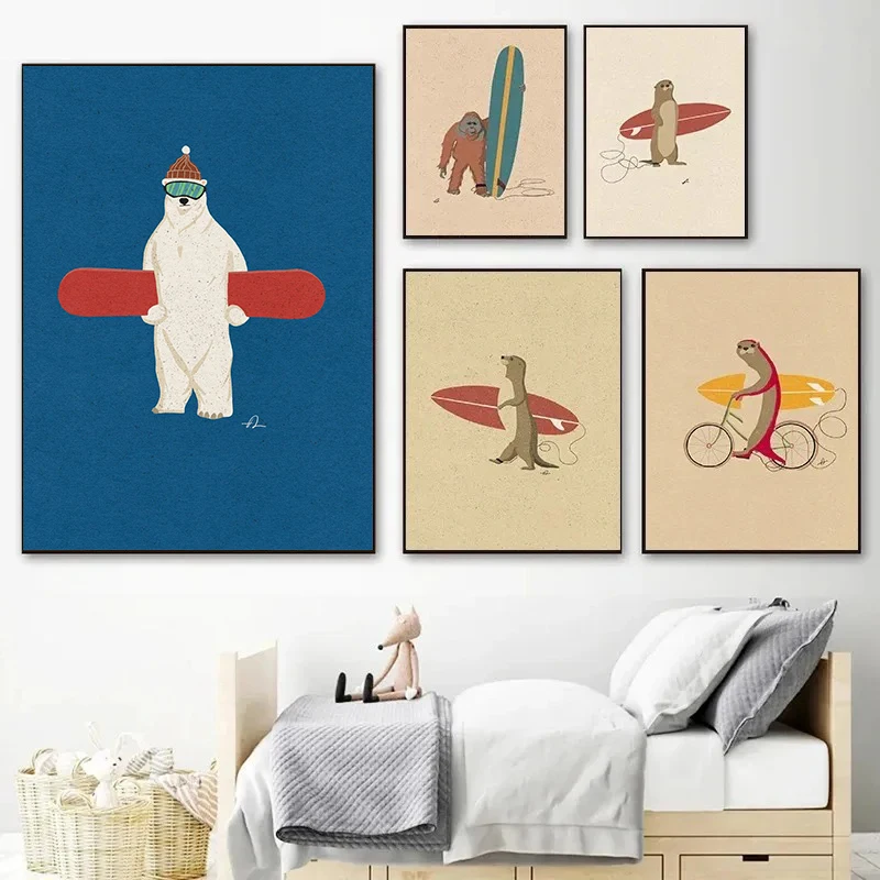 1pc frameless Canvas Painting Modern Funny Surfing Animals Poster Canvas Painting Sloth Bear Panda Zebra Fox Wall Art Picture fo