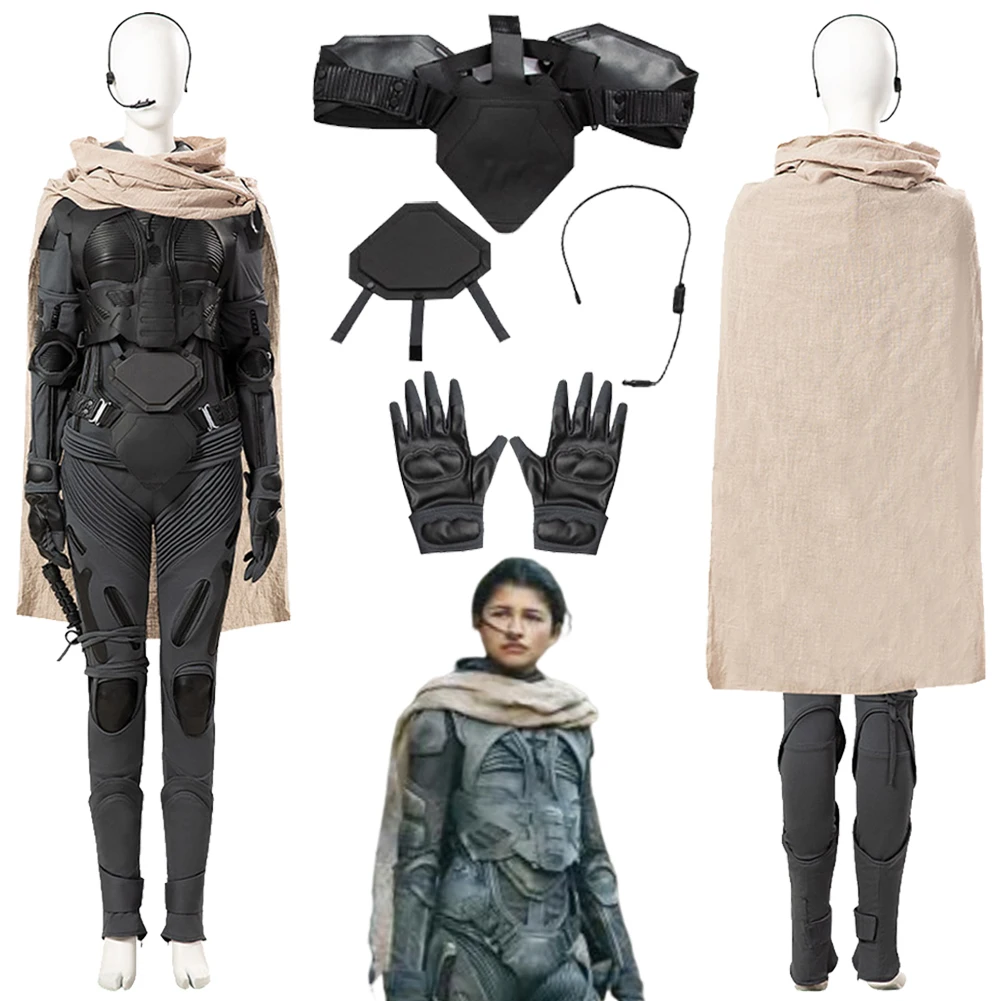 

Chani Cosplay Costume 2024 Movie Dune 2 Disguise Cloak Full Set Women Outfits Jumpsuit Gloves Set Halloween Party Suits Female
