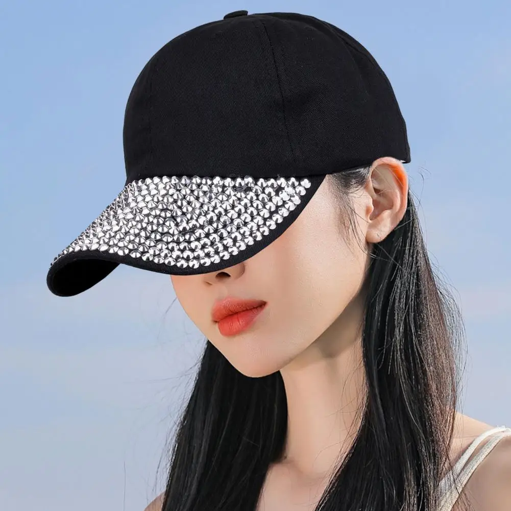 Women Baseball Cap With Sparkling Rhinestones Wide Brim UV Proof Sun Shiny Stylish Hat Outdoor Cap