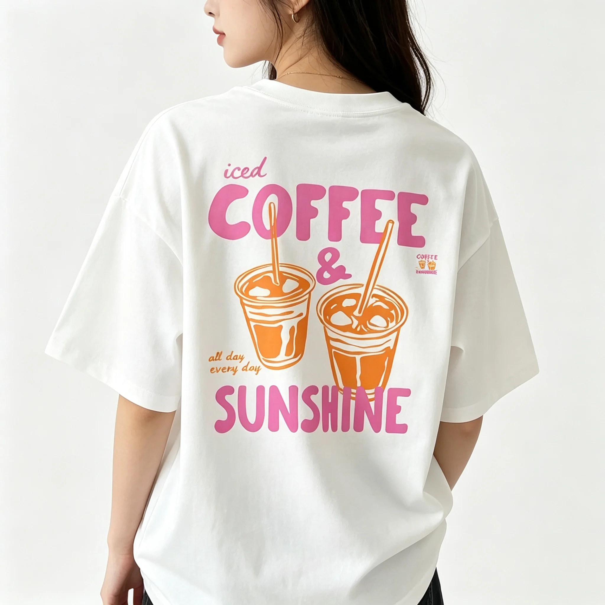 Ladies Vintage Coffee Sunshine Back Print T Shirt Soft Cotton Short Sleeve Kawaii Letter Graphic Casual Loose Summer Daily Tops