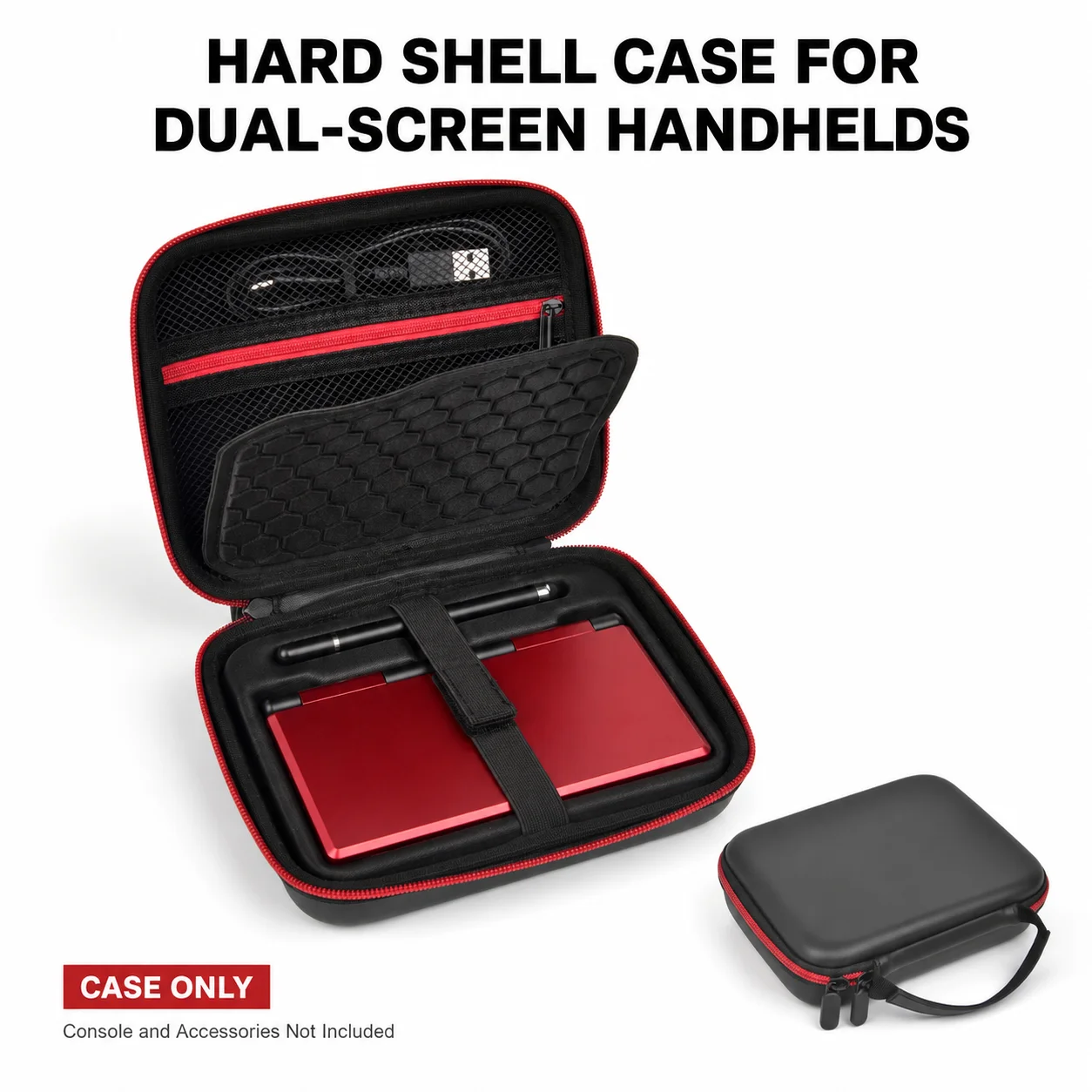 Hard Shell Carrying Case for Nintendo 3DS and Anbernic RG DS, PU EVA Travel Bag with Stylus Slot Mesh Pocket Black Red Case Only