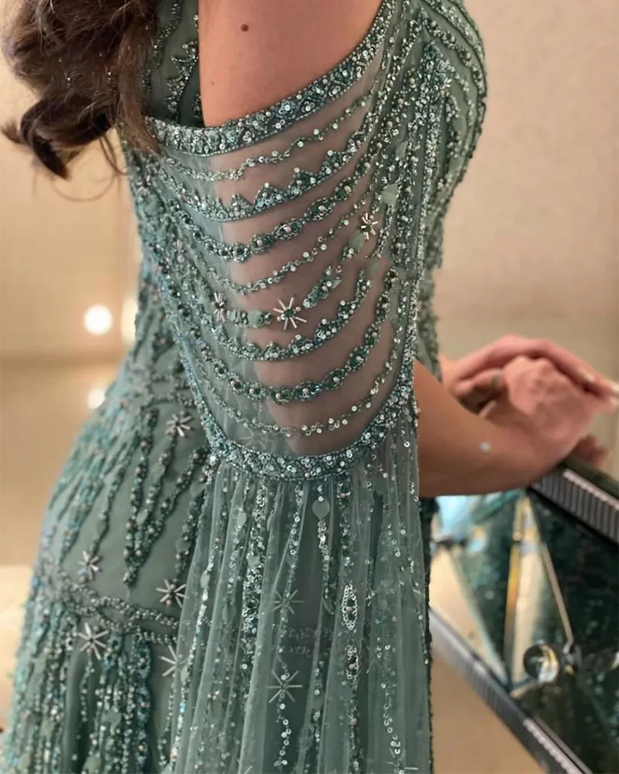 Customized Elegant Green Cold Shoulder Evening Dress Beaded Cape Sleeve Formal Prom Gown Luxury Lace A Line Wedding Guest Dress