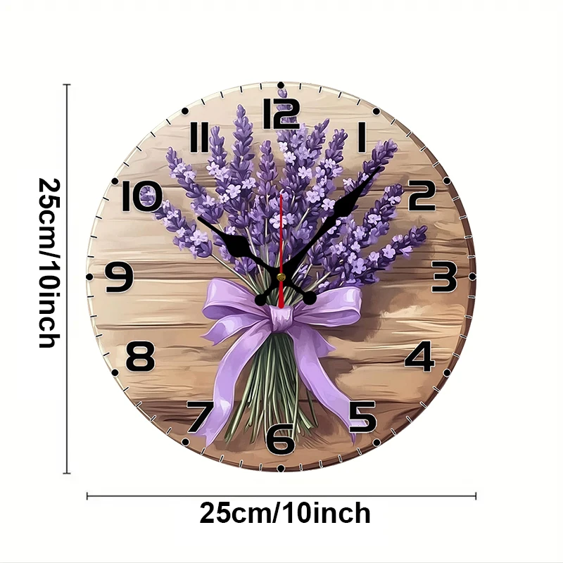 Lavender Bouquet Wooden Round Silent Hanging Wall Clock, Suitable For Living Room, Office, Study Room, Bedroom, Home Decoration