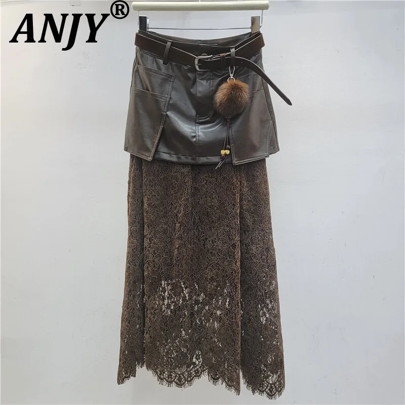 ANJY Herfst Winter Nieuwe Damesmode Kant Patchwork PU Leer Elegante Bodycon Midi Rok Unieke Chic Ins Veelzijdige Rokken A17238