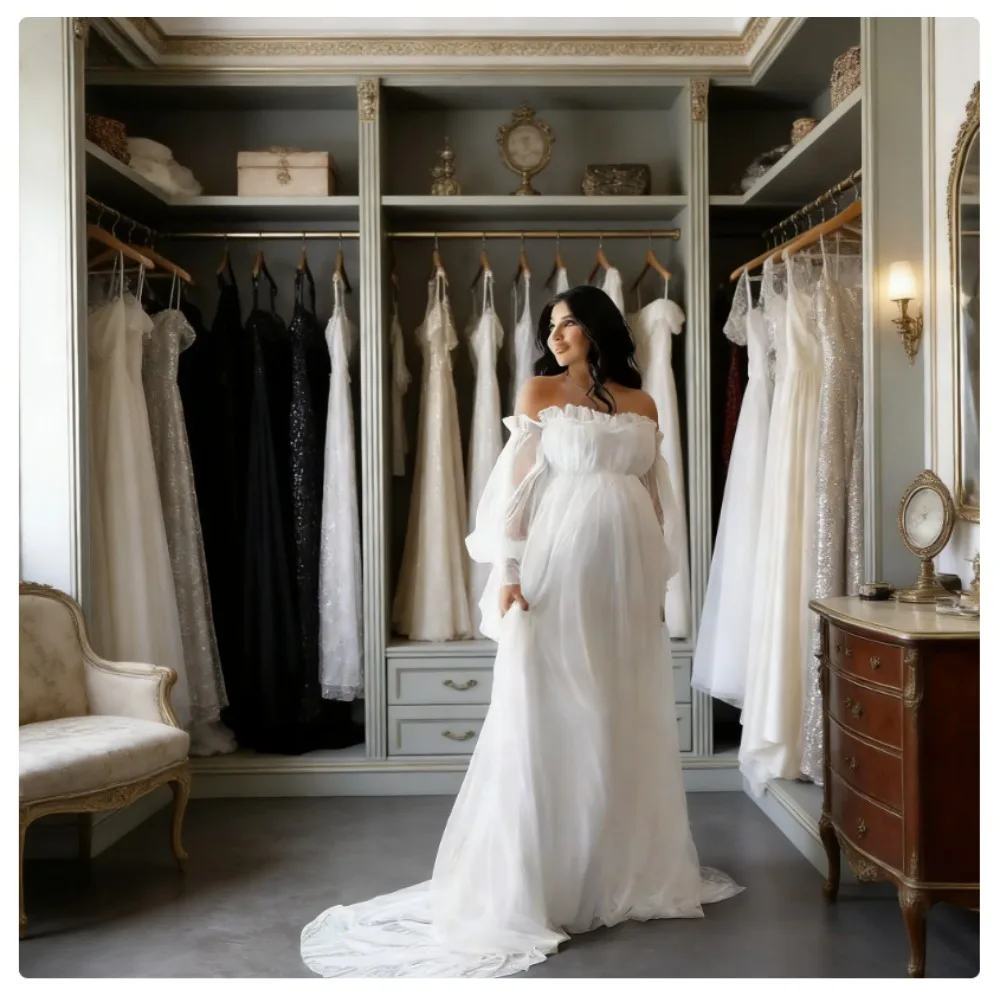 

Женское длинное платье макси с длинными рукавами, в горошек, из сетчатой ткани, с открытыми плечами и рукавами-фонариками, для беременных, для фотосессий