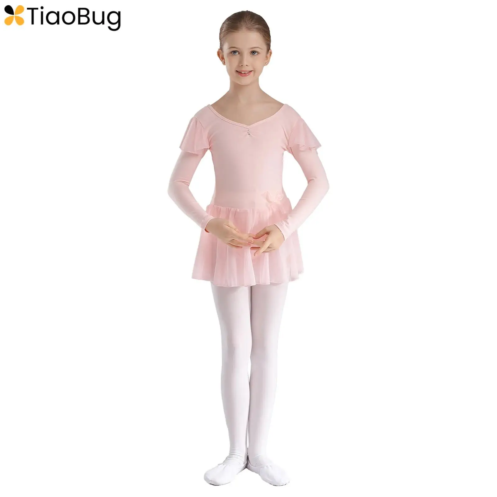 

New Kids Girls Ballet Dress Gymnastics Leotards Cotton Mesh Patchwork Ruffled Long Sleeve Leotard Dancewear Performance Costumes