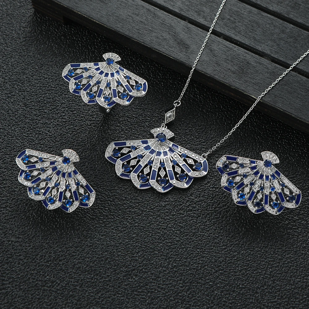 Luxury Sparkling Geometric Hollow Out Fan-shaped Cubic Zircon Dubai Bridal Rings  Necklace Stud Earring Jewelry Sets S521