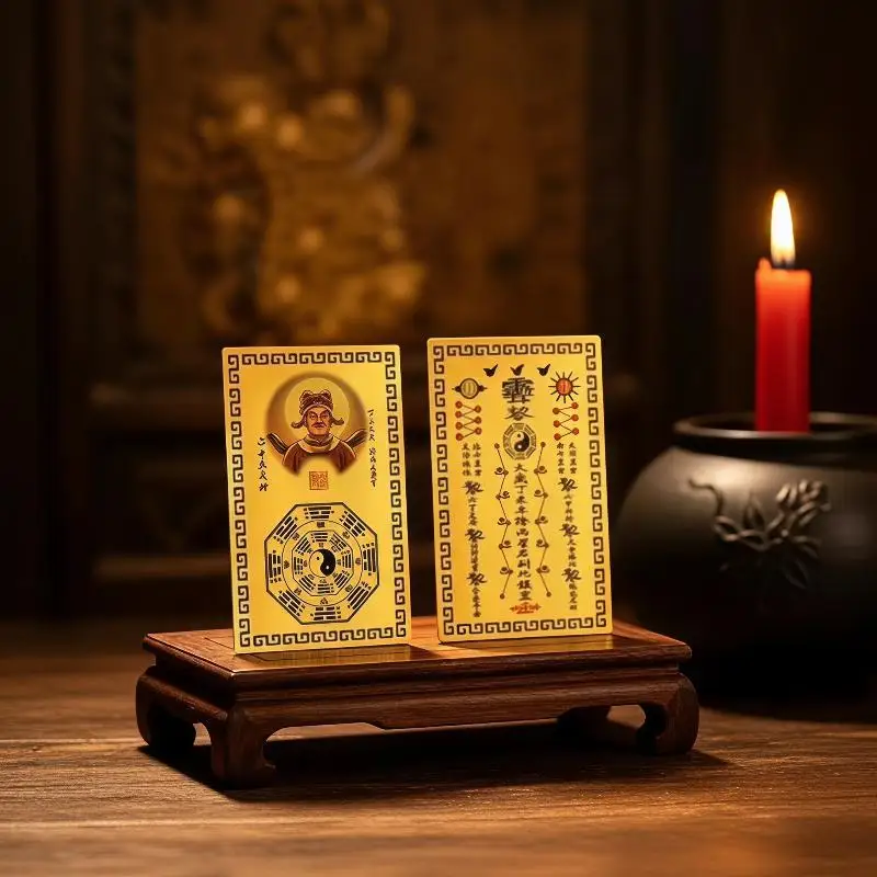 Gold Metal 2027 Tai Sui General Miao Bing Card Clear Pattern Lucky Feng Shui Charm for Students Exam Success Good Fortune Luck