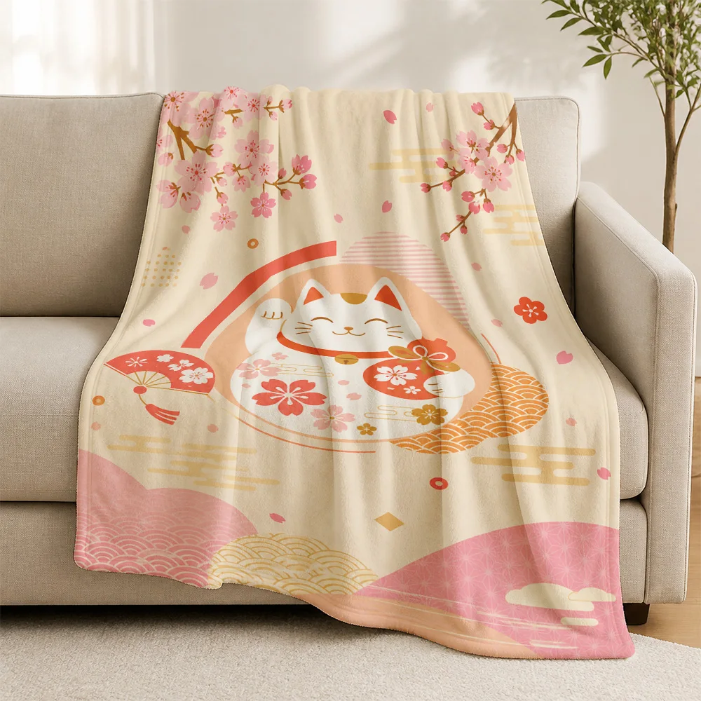 Cozy Japanese Sakura Cat Throw Blanket Sofa Throw Knit Plush Seasonal Home Decor Anime Kawaii Gifts for Couch Bedding